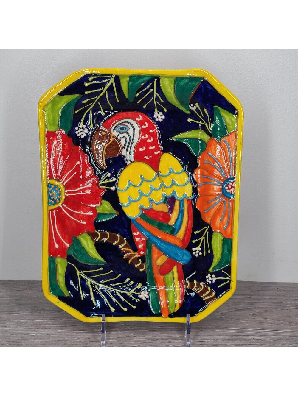 La Ceramica De Juan Hand Painted Tray Made In Spain Multicolor Parrot Florals